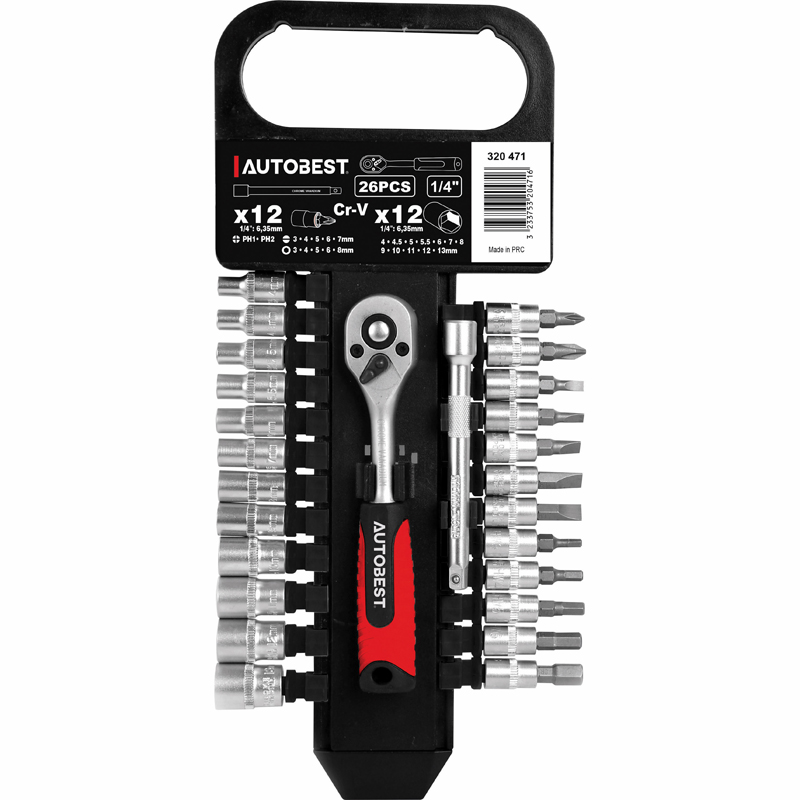 DOUILLES ET CLIQUET 1/4 ENSEMBLE 26 PIECES SUR SUPPORT PLASTIQUE ANTIVOL
